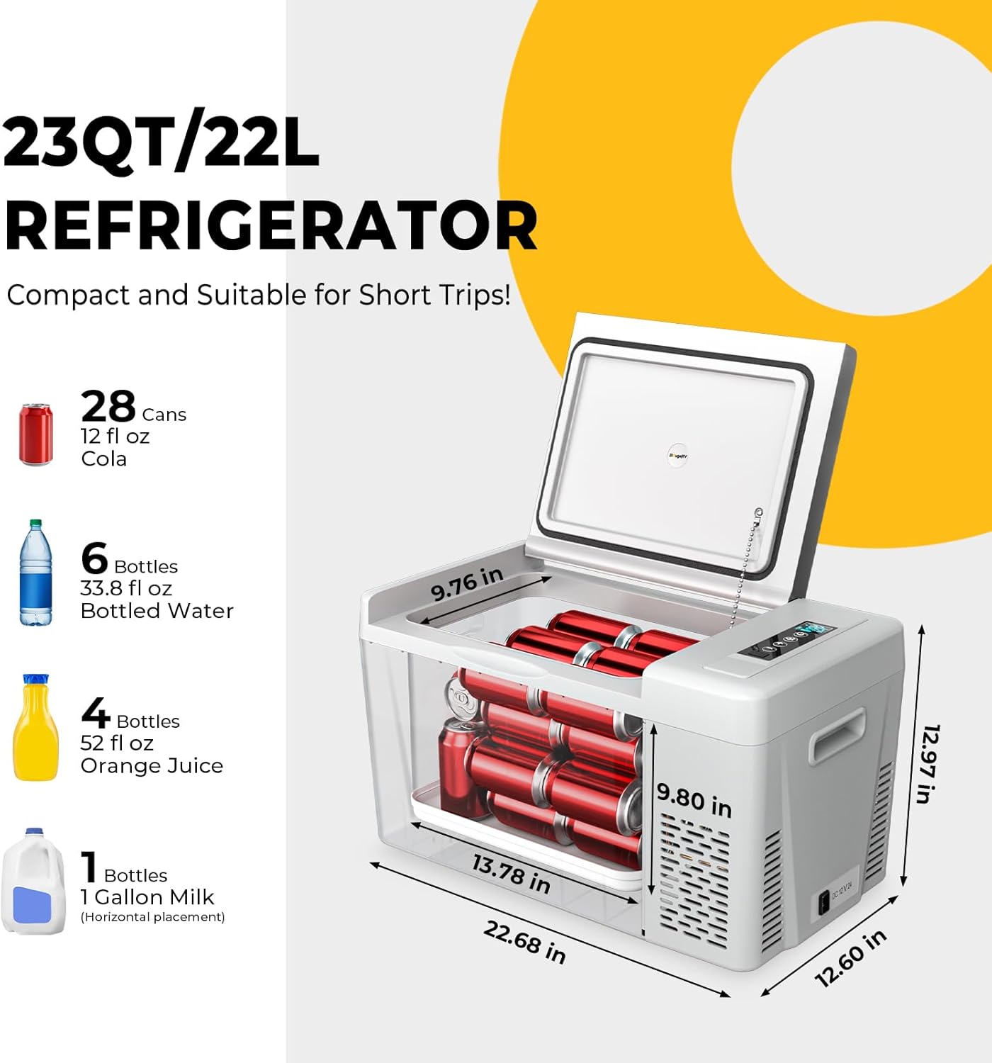 12 Volt Refrigerator 12V Car Fridge 23 Quart Portable Freezer Compressor Cooler 12/24V DC 110~240 Volt AC for Truck Van RV Camper SUV Travel Camping Road Trips Tailgating -7℉~50℉