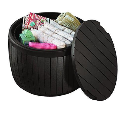 37 Gallon Round Deck Box, Patio Table for Outdoor Cushion Storage, Brown