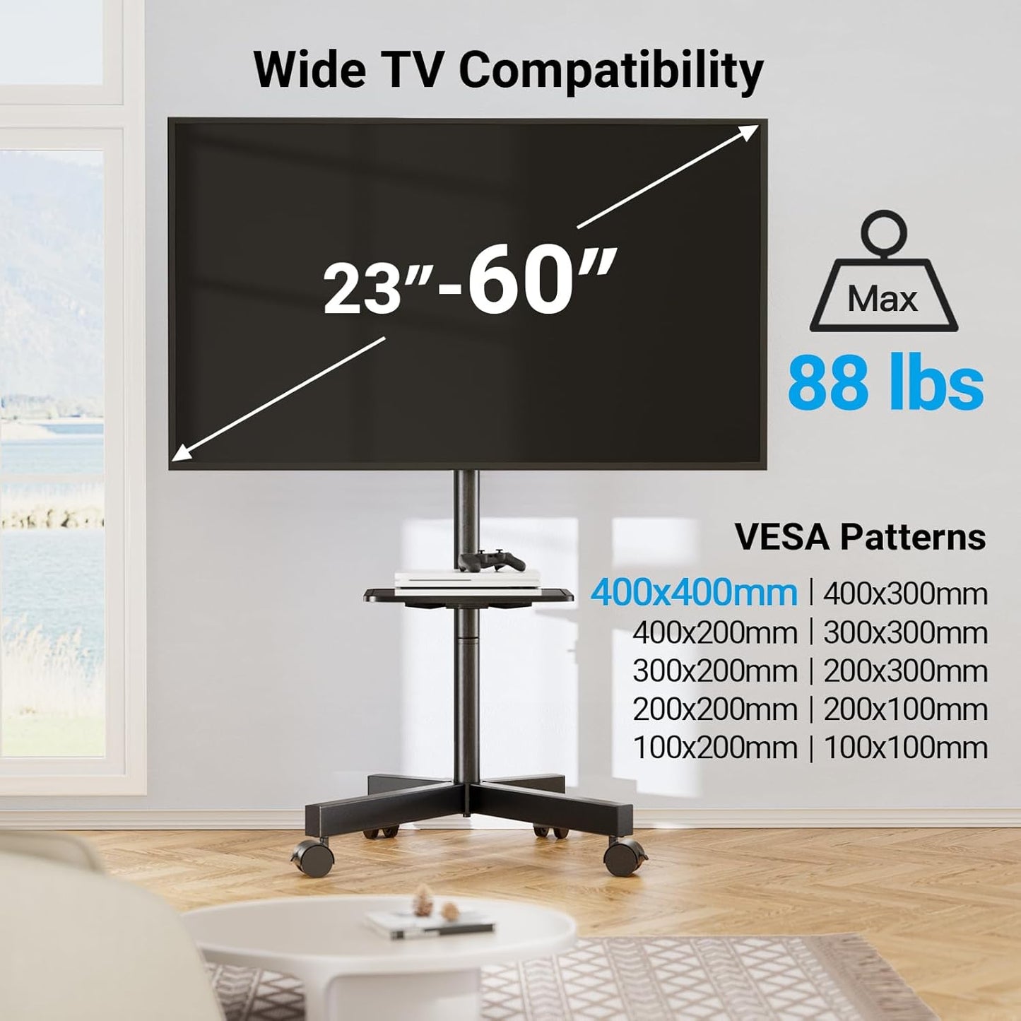 Mobile TV Stand for 23-60 Inch LCD LED Flat/Curved Panel Screen TVs, Tilt TV Cart Holds up to 88Lbs Portable Stand with Laptop Shelf Rolling Floor Max VESA 400x400mm (PSTVMC06)