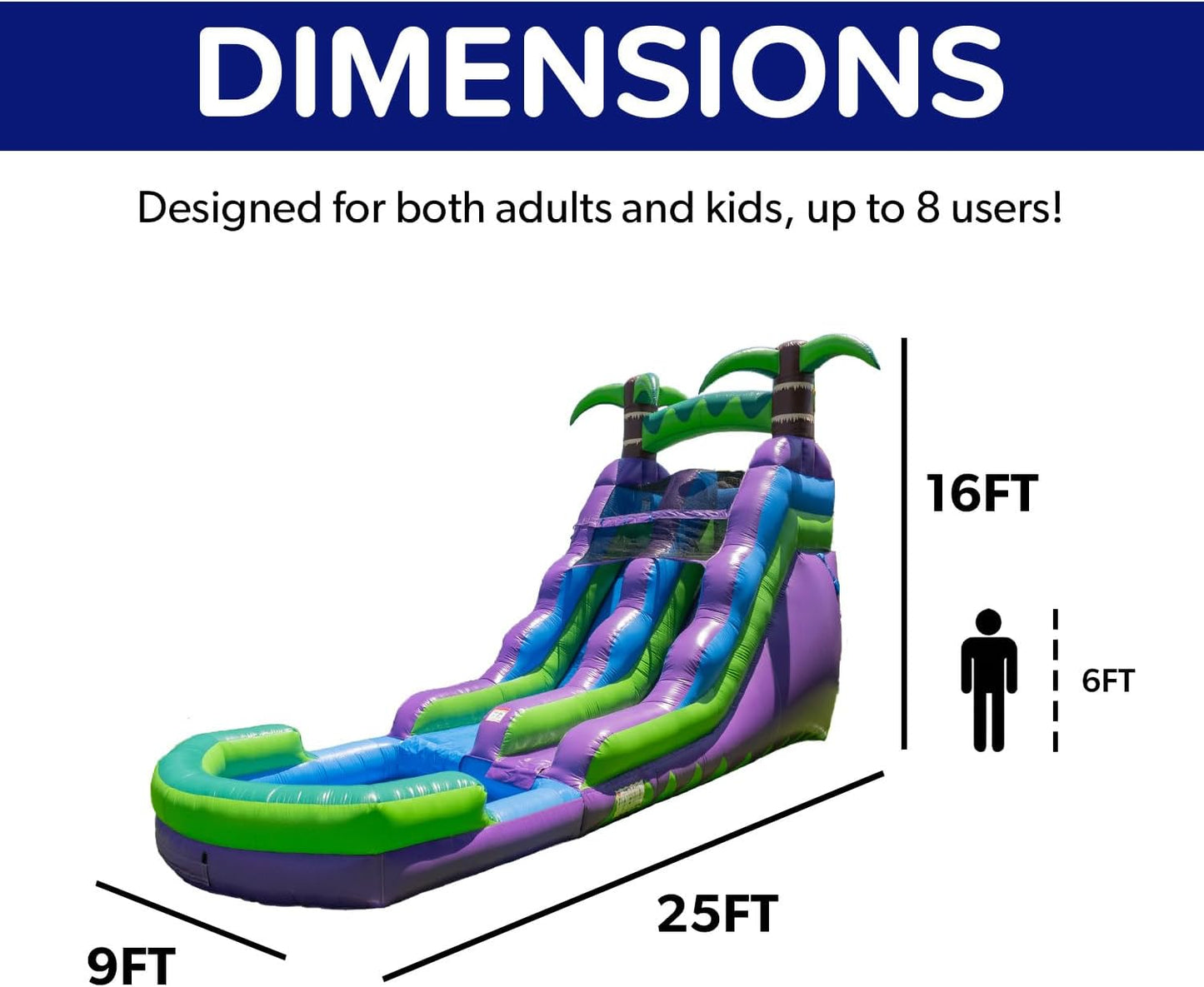 Purple Tropical Lightweight Premium Commercial Grade Water Slide Inflatable with Attached Pool for Kids and Adults (with Blower), Wet Dry Use, Summer Fun