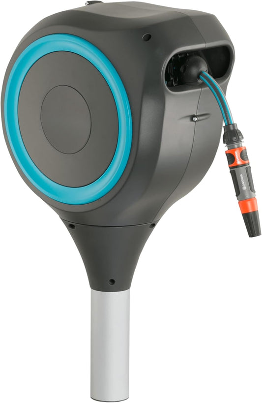 66' x 1/2" Automatic Retractable Garden Hose Reel on Metal Spike, 66' Outside Garden Hose Length, with 360° Rotation to Reach All Areas of Your Yard