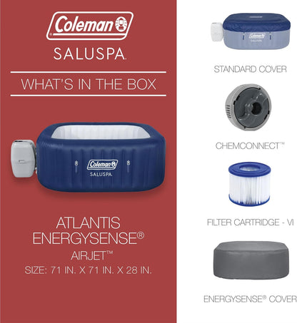4 to 6 Person Inflatable Hot Tub Square Portable Outdoor Spa with 114 Soothing AirJets and Insulated Cover.