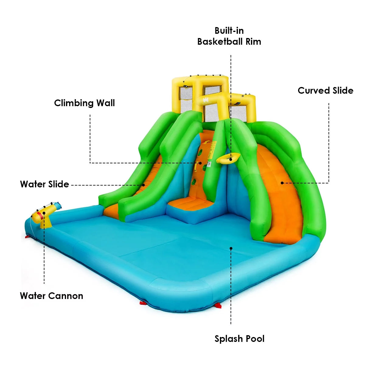 Inflatable Water Park Bounce House w/Climbing Wall Two Slides and Splash Pool