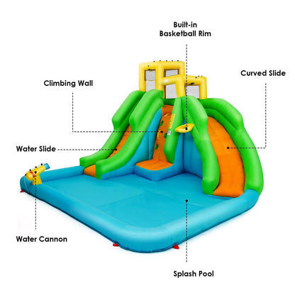 Inflatable Water Park Bounce House w/Climbing Wall Two Slides and Splash Pool