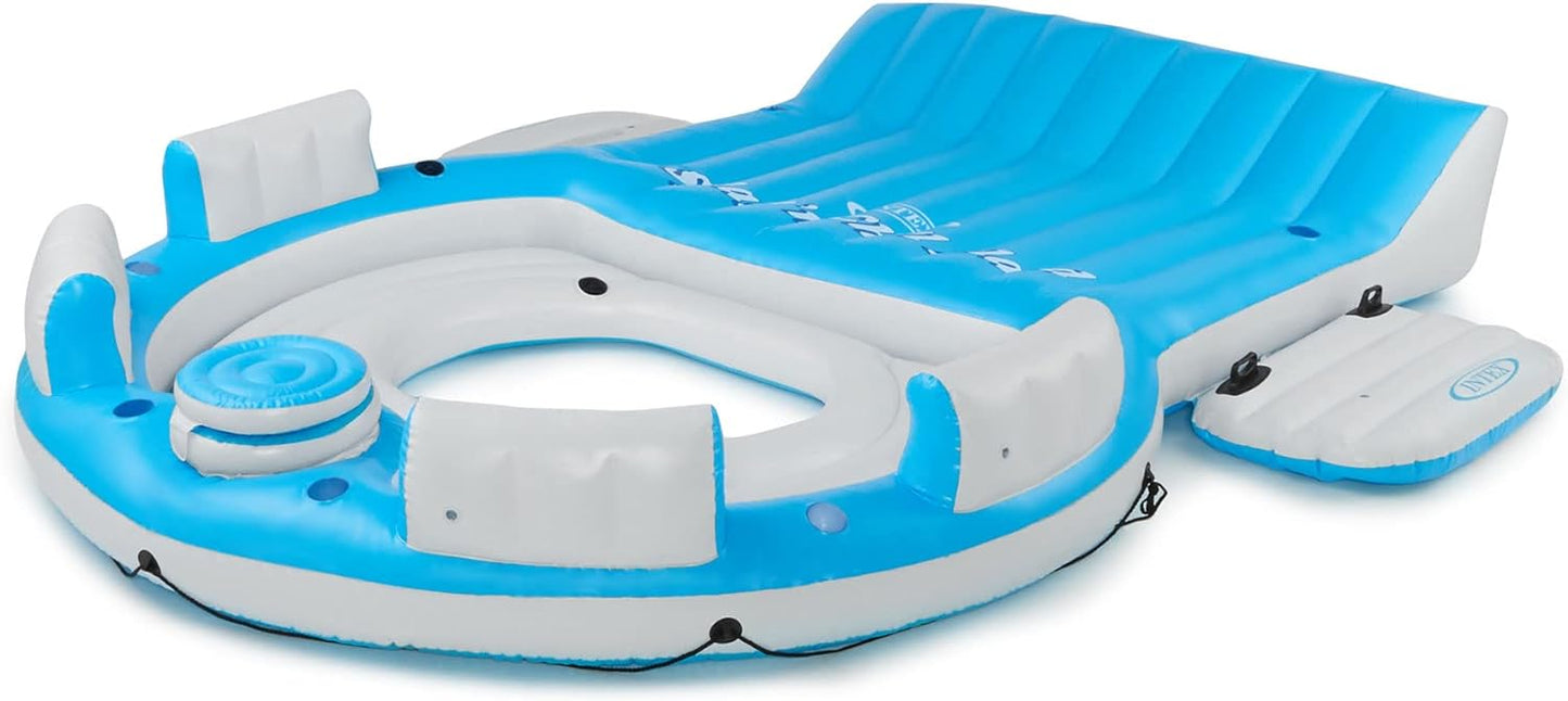 145 x 125 x 20 Inch Inflatable Lake and Pool Relaxation Island Lounger Seat for up to 7 Adults, Blue and White.
