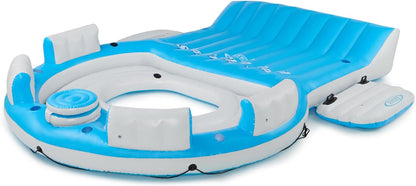 145 x 125 x 20 Inch Inflatable Lake and Pool Relaxation Island Lounger Seat for up to 7 Adults, Blue and White.