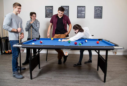 6 Ft Portable Pool Table, Adults Folding Billiards Tables for Game Room with Easy Foldable Storage, Includes Full Set of Billiard Balls, Cues, Chalk & Brush