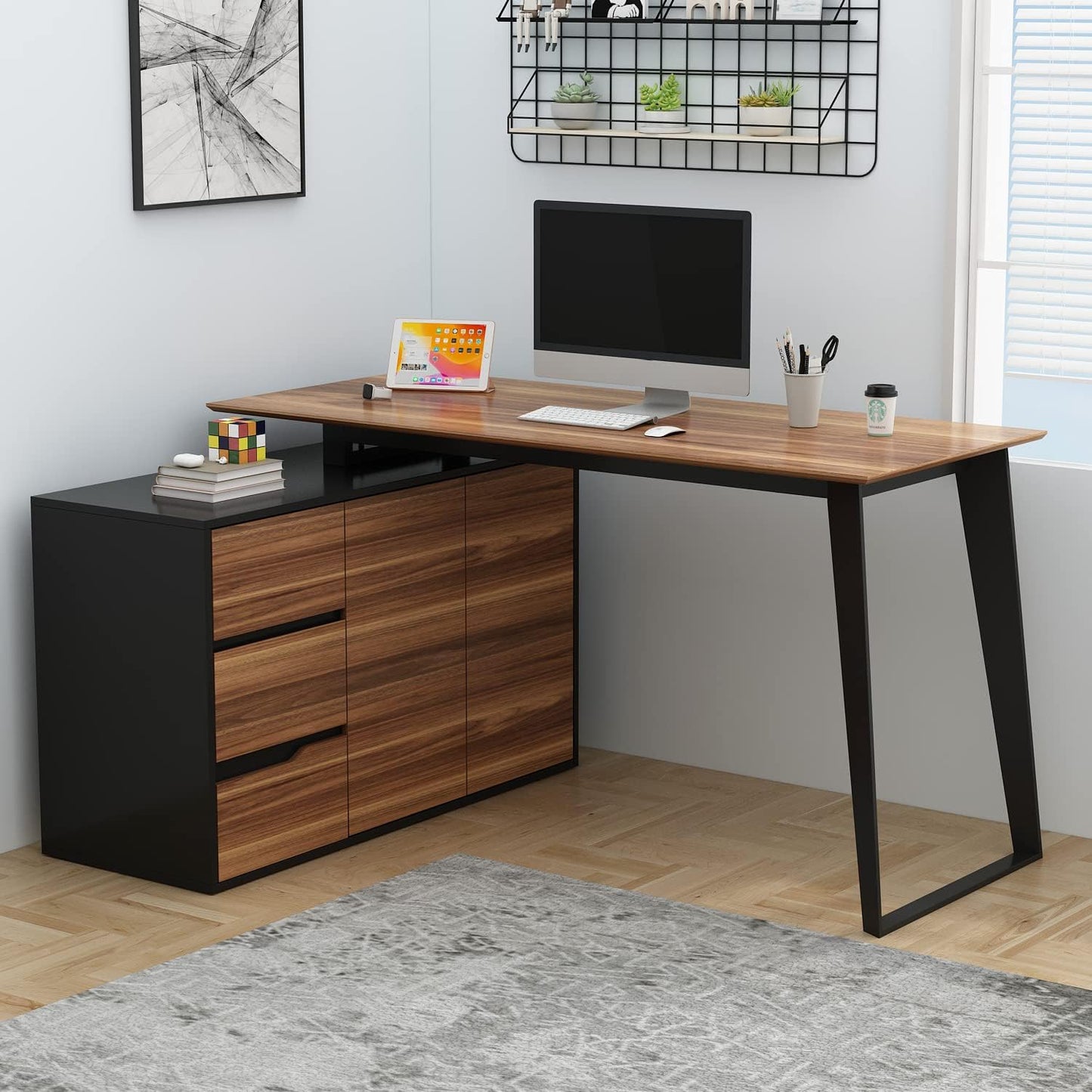 Home Office Computer Desk Corner Desk with 3 Drawers and 2 Shelves, 55 Inch Large L-Shaped Study Writing Table with Storage Cabinet - Walnut and White
