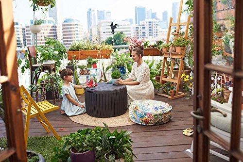 37 Gallon Round Deck Box, Patio Table for Outdoor Cushion Storage, Brown