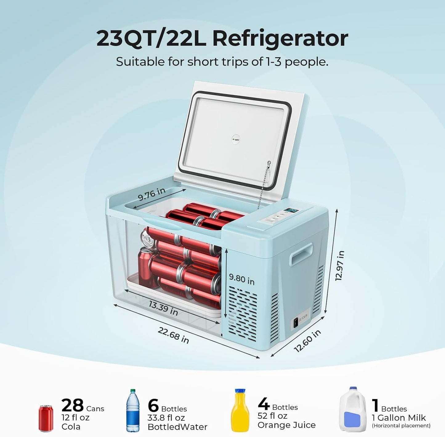 12 Volt Refrigerator 12V Car Fridge 23 Quart Portable Freezer Compressor Cooler 12/24V DC 110~240 Volt AC for Truck Van RV Camper SUV Travel Camping Road Trips Tailgating -7℉~50℉