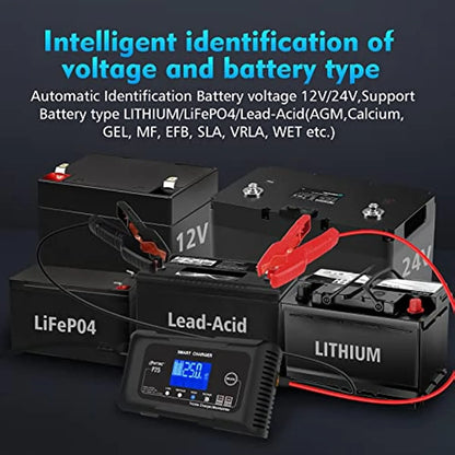 25-Amp Smart Battery Charger,Lithium,LiFePO4,Lead-Acid AGM/Gel/SLA.. Car Battery Charger,Trickle Charger, Maintainer/deep Cycle Charger,12V/25A and 24V/13A,for Motorcy,Boat,Lawn Mower,Golf cart..