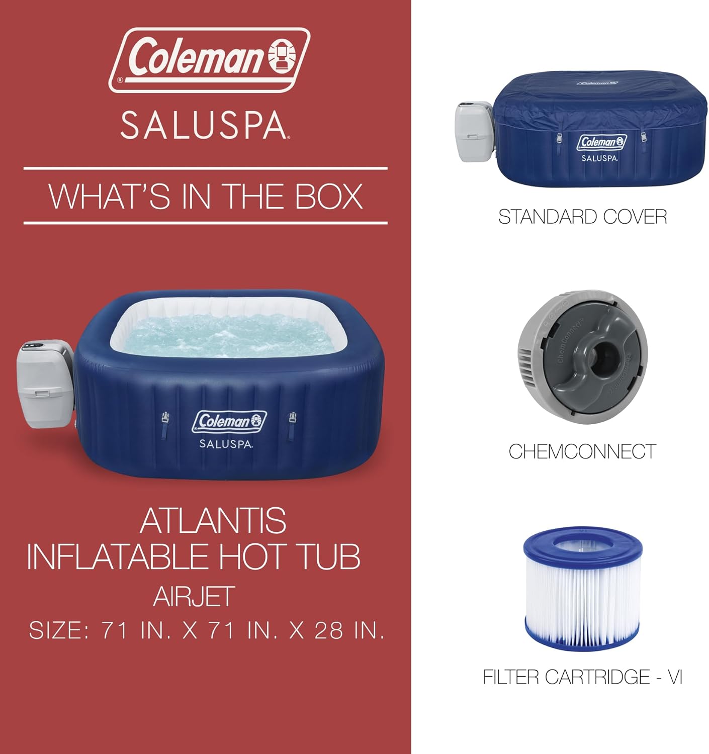 4 to 6 Person Inflatable Hot Tub Square Portable Outdoor Spa with 114 Soothing AirJets and Insulated Cover.