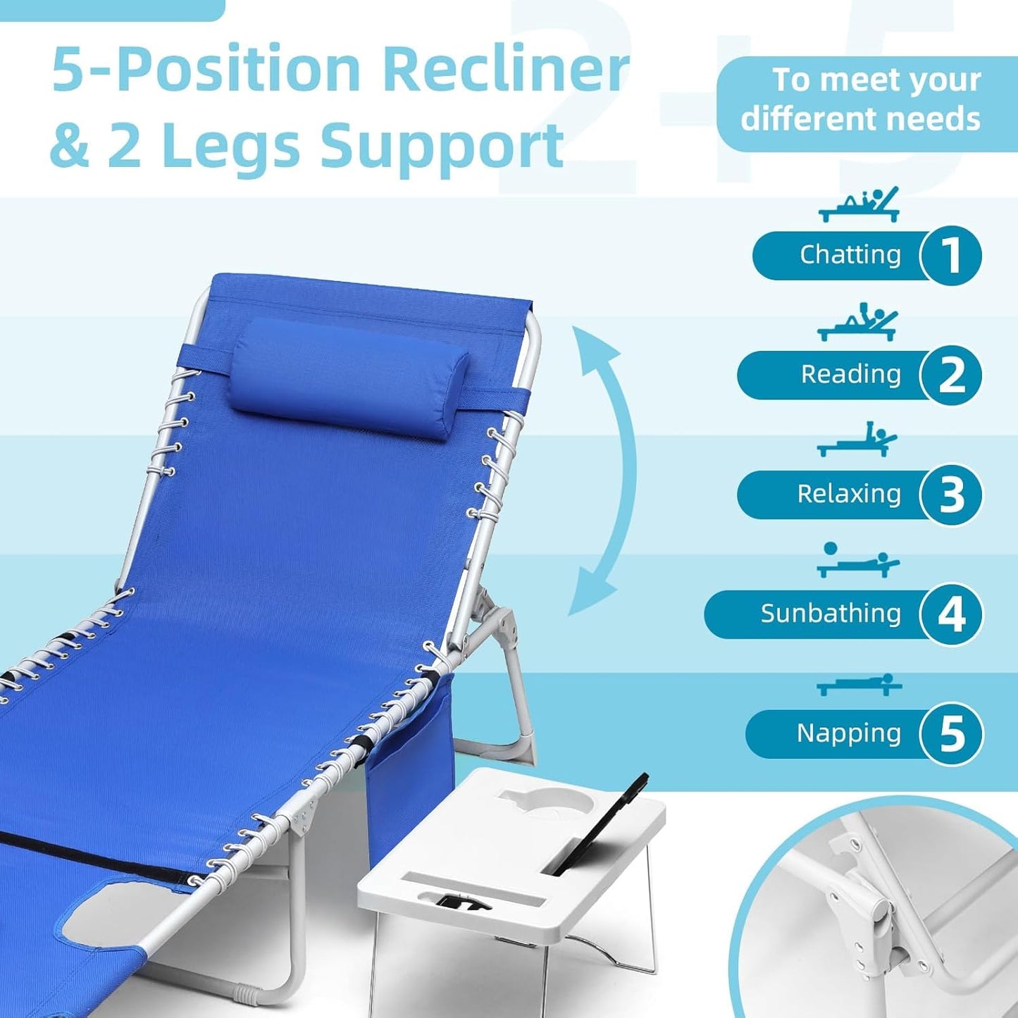 3-in-1 Outdoor Sun Tanning Lounge Chair with Face Hole – 5-Position Recliner, Folding Side Table & Removable Pillow, 330lbs Capacity, Blue