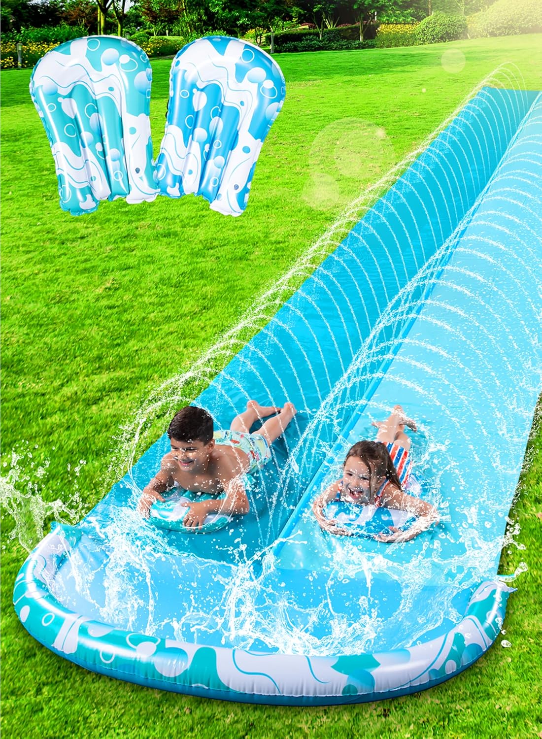32.5FT Water Slide and 2 Inflatable Boards, Extra Long Double Lawn Heavy Duty Splash Mat Pad with Sprinkler for Kids Adults Backyard Summer Water Toy Outdoor Fun, Blue, Orange