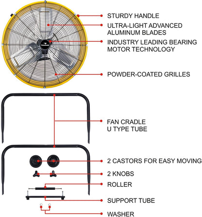 24 Inch Grade High Velocity Movement Heavy Duty Drum 3 Speed Air Circulator Fan 7800 CFM-Industrial, Commercial, Residential, and Greenhouse Use, Yellow
