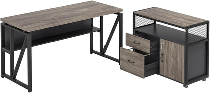 \L Shaped Desk with Drawer Cabinet, 63" Executive Computer Desk and lateral File Cabinet, 2 Piece Home Office Furniture with Drawers for Hanging File, Doors with Locks (Gray, 63 inches)