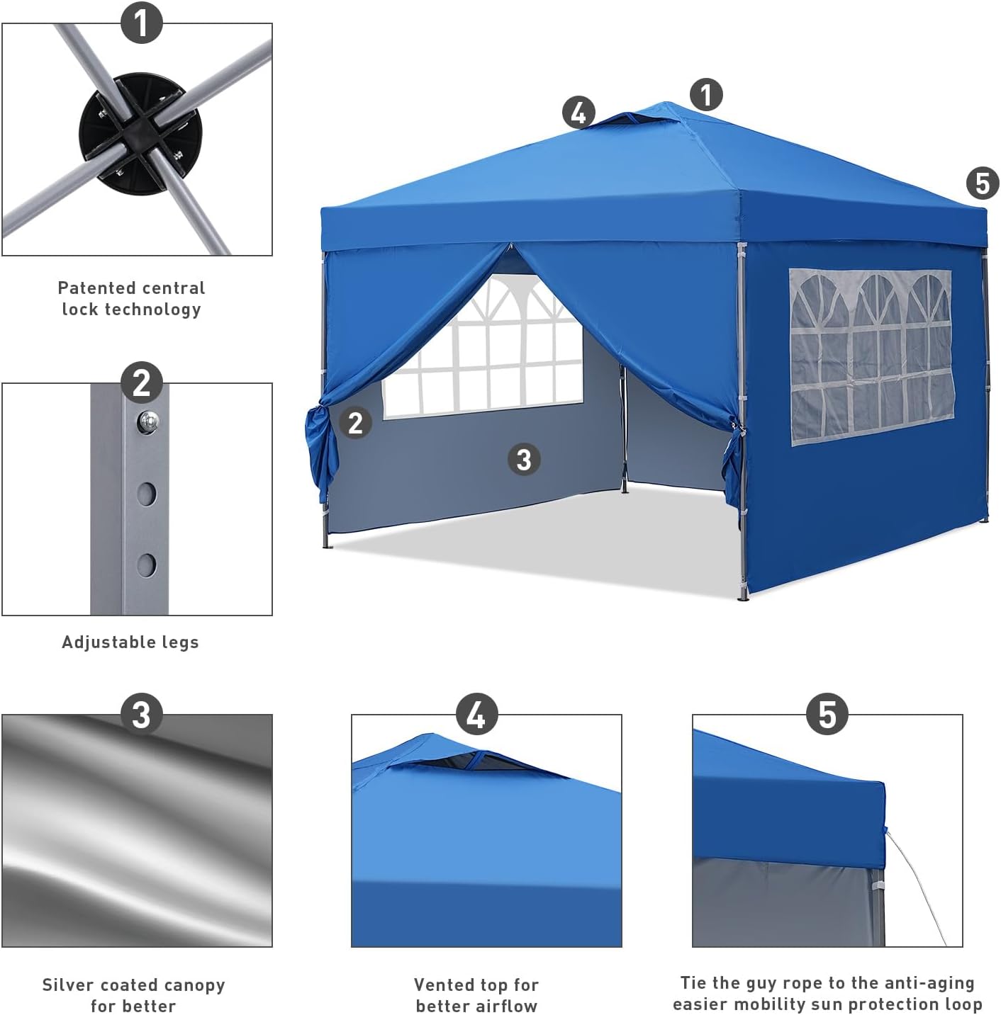 10x10 Pop Up Canopy Tent, Outdoor Canopy Tent, Patio Tent,Commercial Instant Gazebos,4 Sidewalls, Portable Shelter Canopies, with 4 sandbags, Blue.