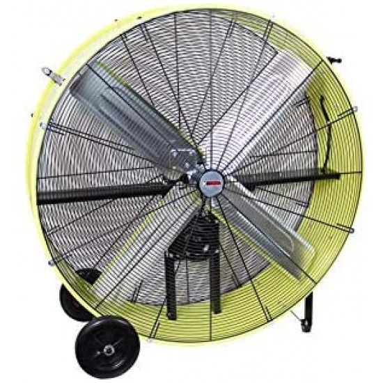 42′′ Belt Drive Drum Fan; Industrial, Garage, Shop, High Speed 2-Speed, Durable, Cut-Off Protection, Easy Mobility Rubber Wheels; SAFETY YELLOW.