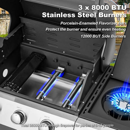 Upgraded 4 Burner BBQ Propane Gas Grill with Cast Iron Grates & Side Stove, 44,000 BTU Stainless Steel Burner Barbecue Grill for Patio, Camping, Outdoor Cooking.