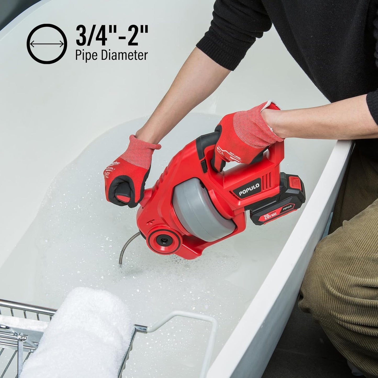 20V Cordless Electric Drain Auger-Efficient 25Ft Auto-Feed Drain Snake with Replaceable Cable,2.0Ah Battery,Charger,Storage Bag & Gloves for Kitchen,Bathroom,Shower Pipes (3/4"-2")"