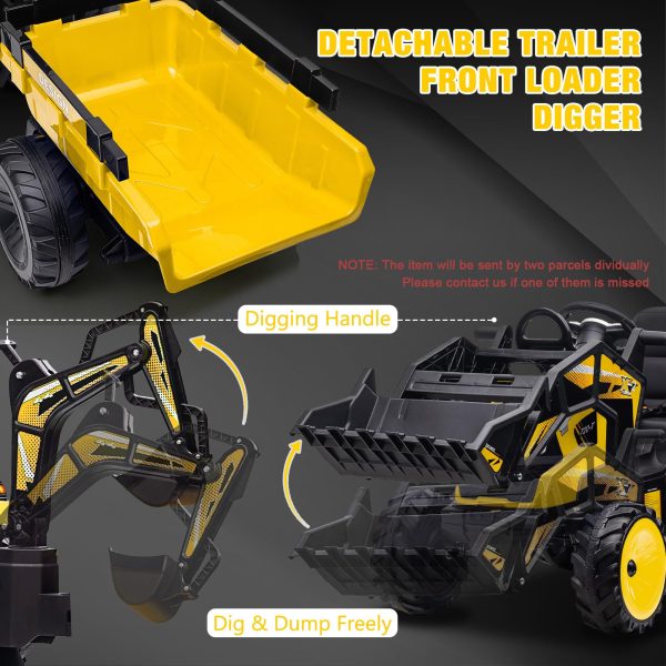3-in-1 Ride-On Tractor, 24V Electric, Excavator & Bulldozer, Remote Control, LED, Music, USB/Bluetooth max 66 lbs – Bright-yellow