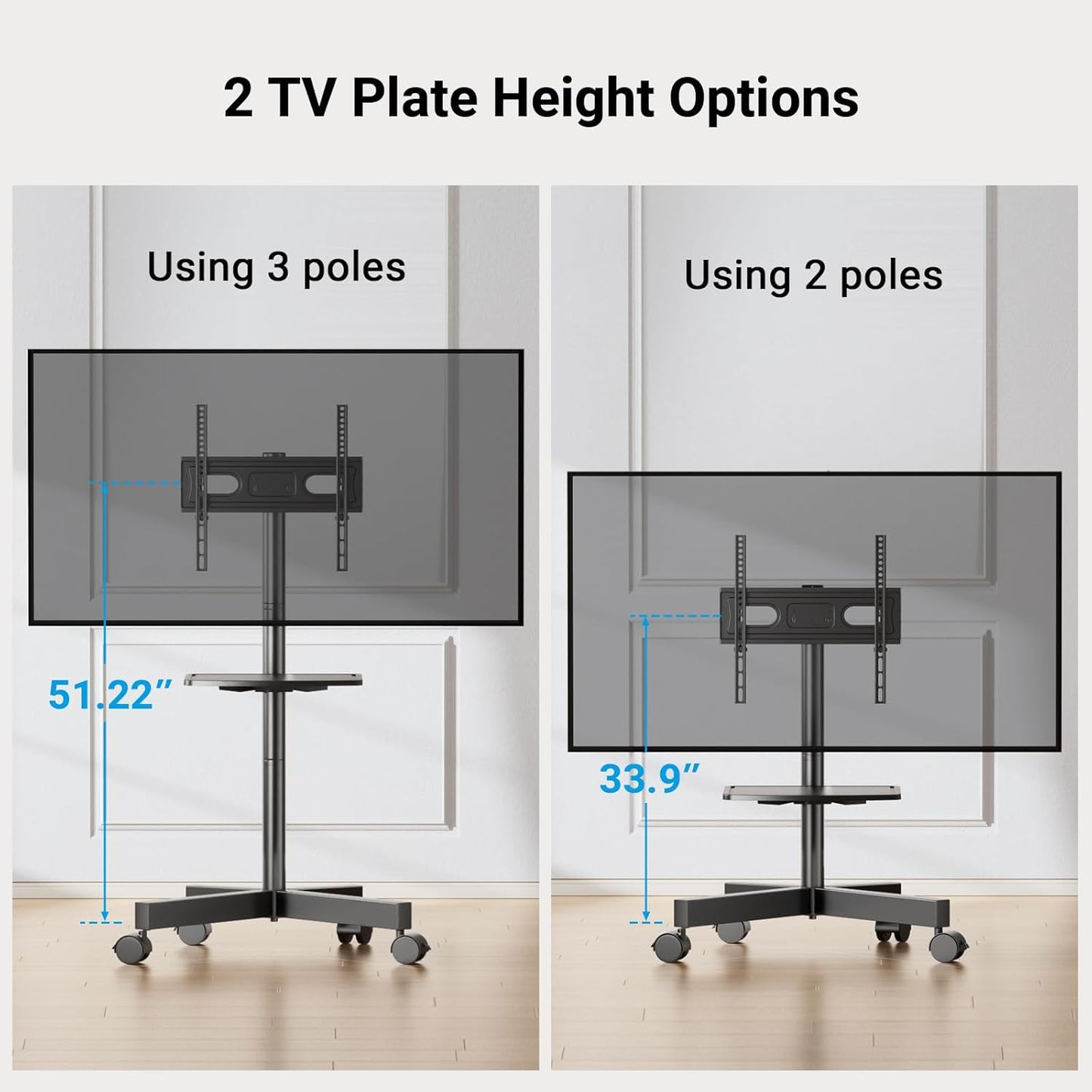 Mobile TV Stand for 23-60 Inch LCD LED Flat/Curved Panel Screen TVs, Tilt TV Cart Holds up to 88Lbs Portable Stand with Laptop Shelf Rolling Floor Max VESA 400x400mm (PSTVMC06)