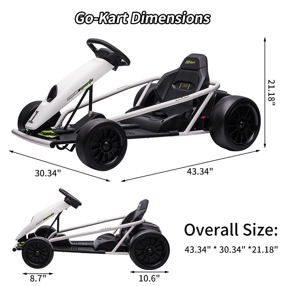 24V Go Kart for Kids 8-12, 300W*2 Motors, 9Ah Battery, 8MPH Speed, Music, Horn, 175lbs Max Load – White