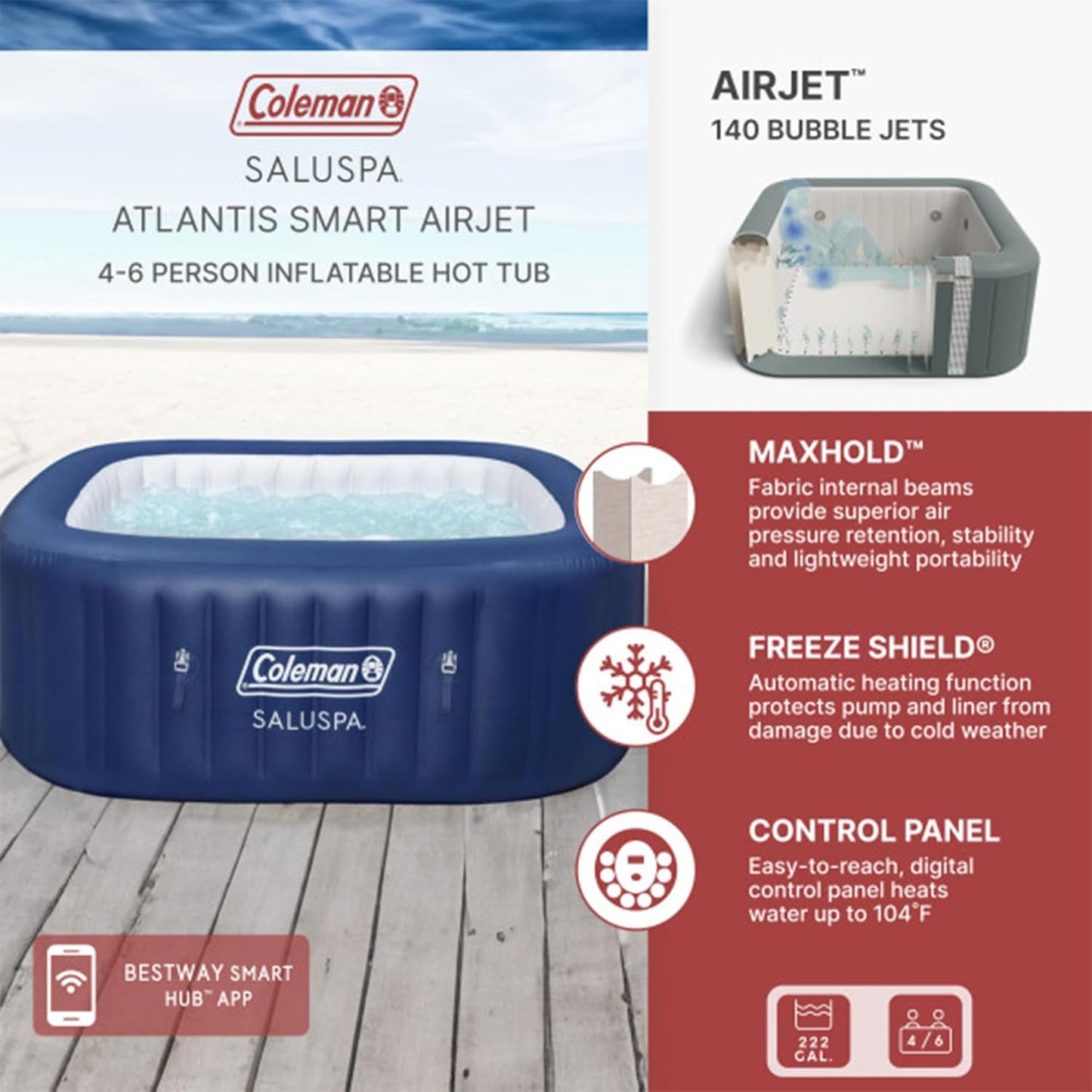 4 to 6 Person Inflatable Hot Tub Square Portable Outdoor Spa with 114 Soothing AirJets and Insulated Cover.