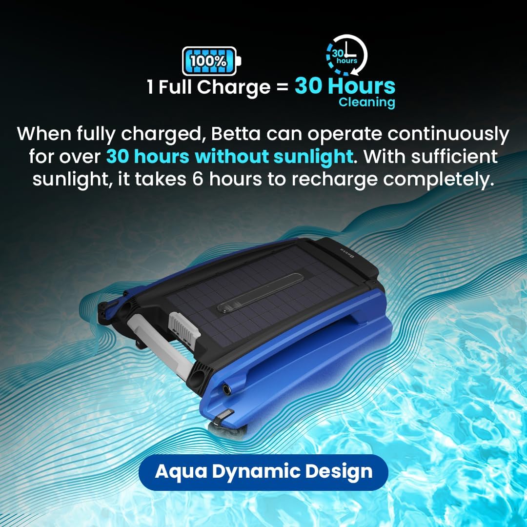Solar Powered Automatic Robotic Pool Surface Skimmer Cleaner with 30-Hour Continuous Cleaning Battery Power and Re-Engineered Twin Salt Chlorine Tolerant Motors (Blue)