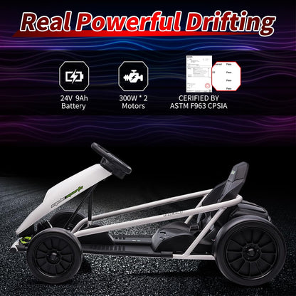 24V Go Kart for Kids 8-12, 300W*2 Motors, 9Ah Battery, 8MPH Speed, Music, Horn, 175lbs Max Load – White
