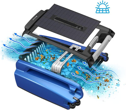 Solar Powered Automatic Robotic Pool Surface Skimmer Cleaner with 30-Hour Continuous Cleaning Battery Power and Re-Engineered Twin Salt Chlorine Tolerant Motors (Blue)