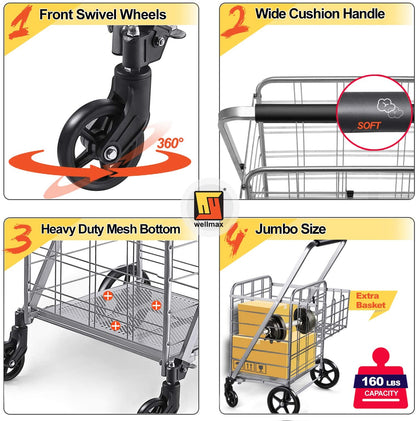 Shopping Cart with Wheels, Metal Grocery Cart with Wheels, Shopping Carts For Groceries