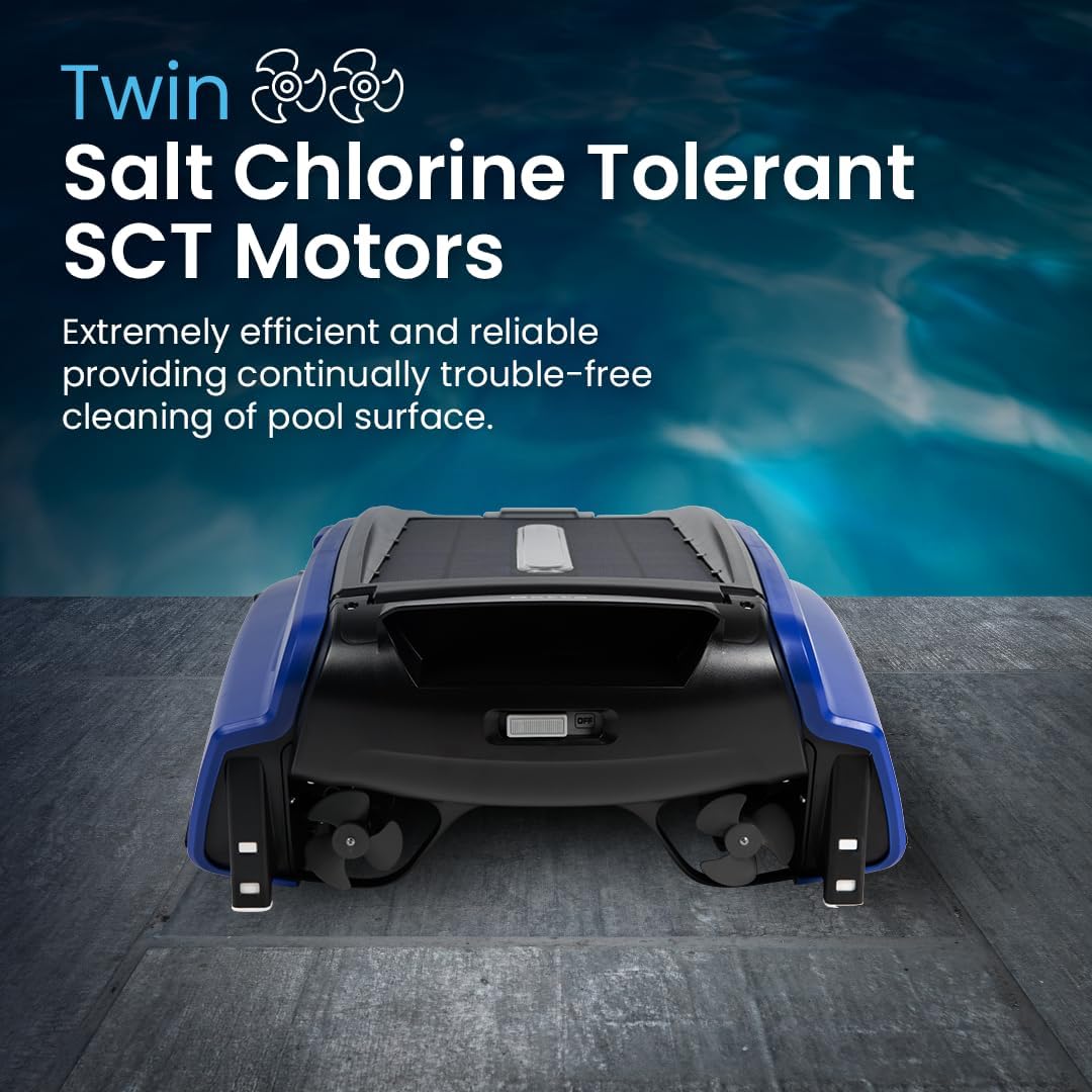 Solar Powered Automatic Robotic Pool Surface Skimmer Cleaner with 30-Hour Continuous Cleaning Battery Power and Re-Engineered Twin Salt Chlorine Tolerant Motors (Blue)