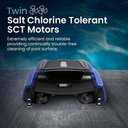 Solar Powered Automatic Robotic Pool Surface Skimmer Cleaner with 30-Hour Continuous Cleaning Battery Power and Re-Engineered Twin Salt Chlorine Tolerant Motors (Blue)