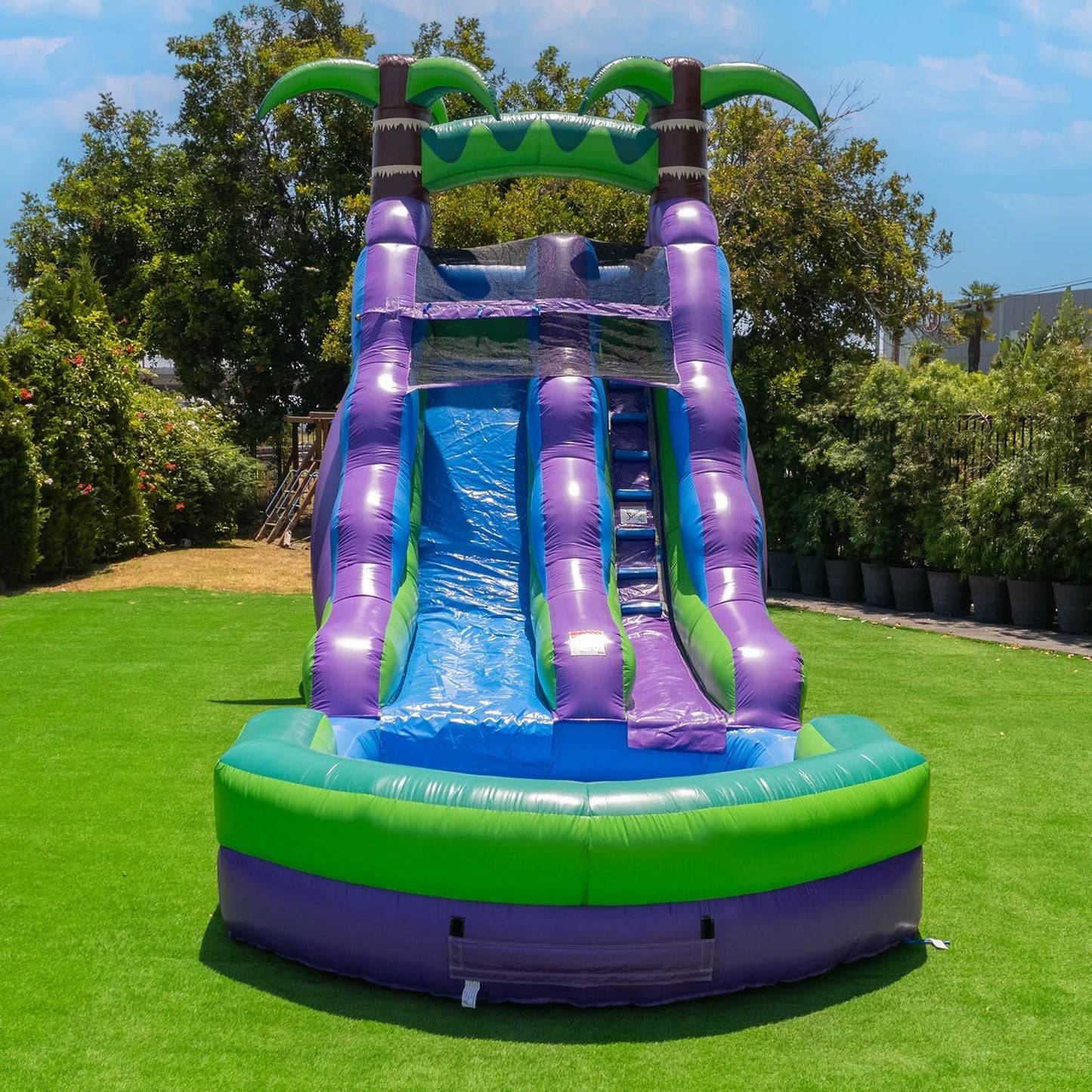 Purple Tropical Lightweight Premium Commercial Grade Water Slide Inflatable with Attached Pool for Kids and Adults (with Blower), Wet Dry Use, Summer Fun