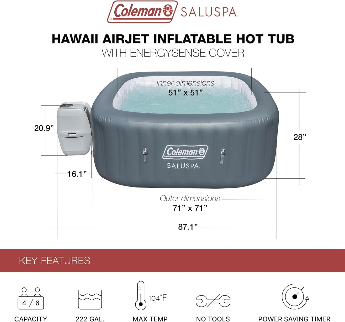 4 to 6 Person Inflatable Hot Tub Square Portable Outdoor Spa with 114 Soothing AirJets and Insulated Cover.