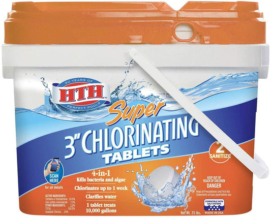 HTH 42034 Super 3-inch Chlorinating Tablets for Swimming Pools, 25 lbs