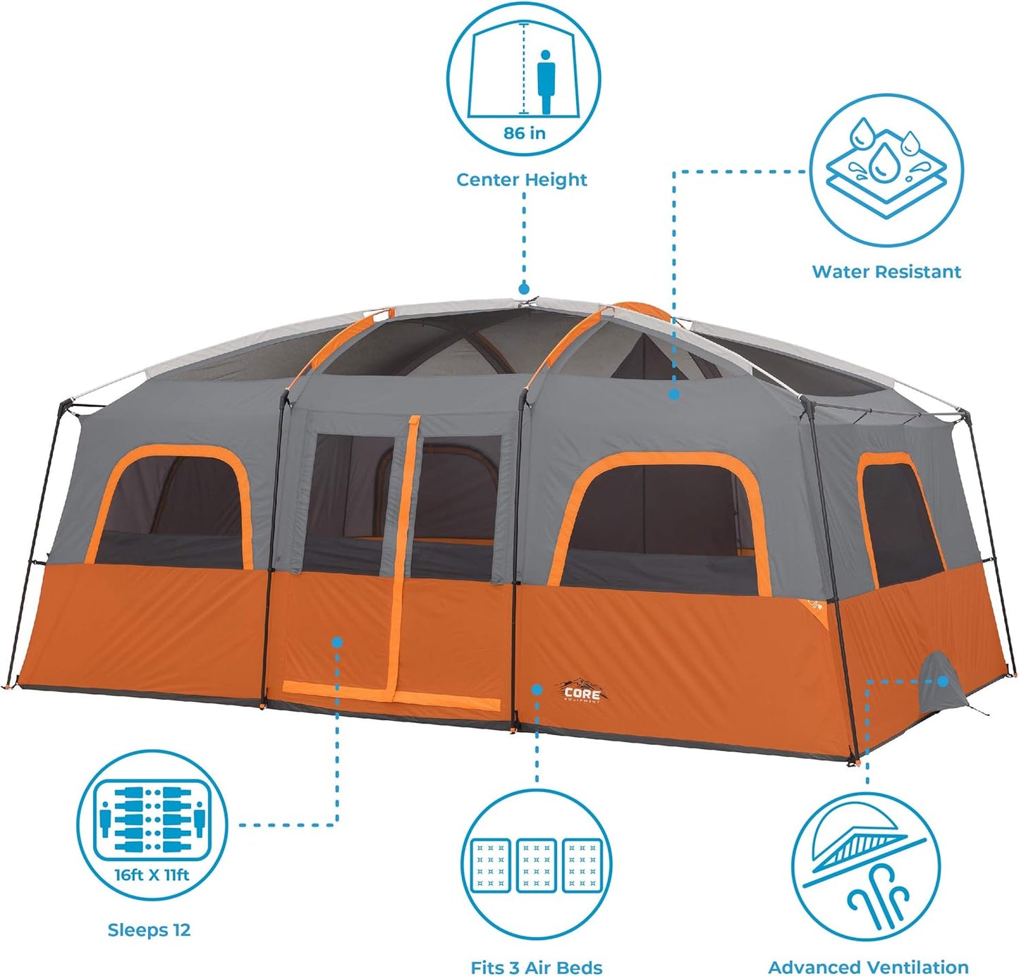 Straight Wall Cabin Tents | 10 Person / 11 Person / 12 Person Large Multi Room Family Tents for Car Camping & Outdoor Adventures