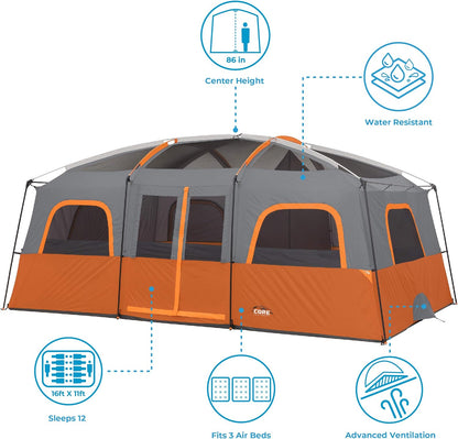 Straight Wall Cabin Tents | 10 Person / 11 Person / 12 Person Large Multi Room Family Tents for Car Camping & Outdoor Adventures