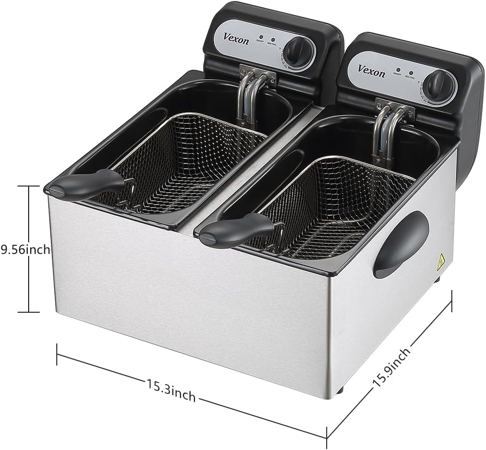 3000W Commercial Electric Deep Fryer With Baskets & Lids,2x3L Stainless Steel Double Deep Fryer,Small Deep Fryer With Basket,Temperature Control,Overheat Protection