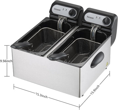 3000W Commercial Electric Deep Fryer With Baskets & Lids,2x3L Stainless Steel Double Deep Fryer,Small Deep Fryer With Basket,Temperature Control,Overheat Protection
