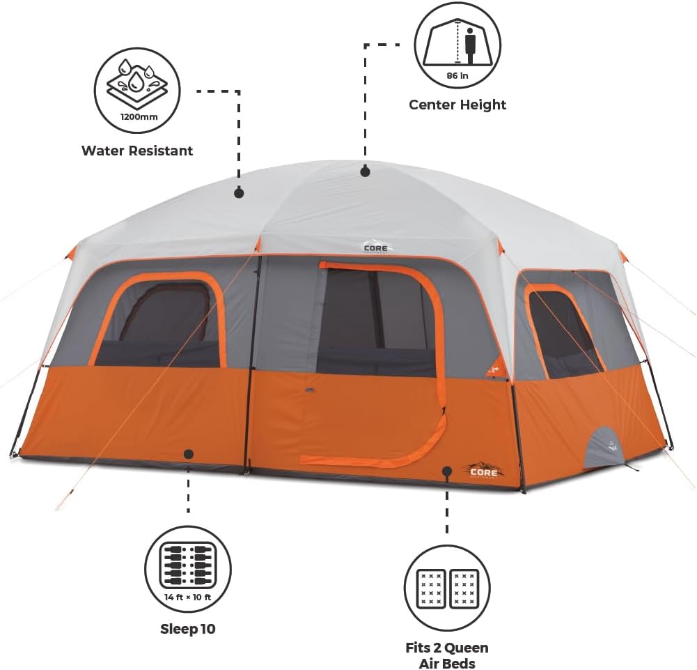 Straight Wall Cabin Tents | 10 Person / 11 Person / 12 Person Large Multi Room Family Tents for Car Camping & Outdoor Adventures