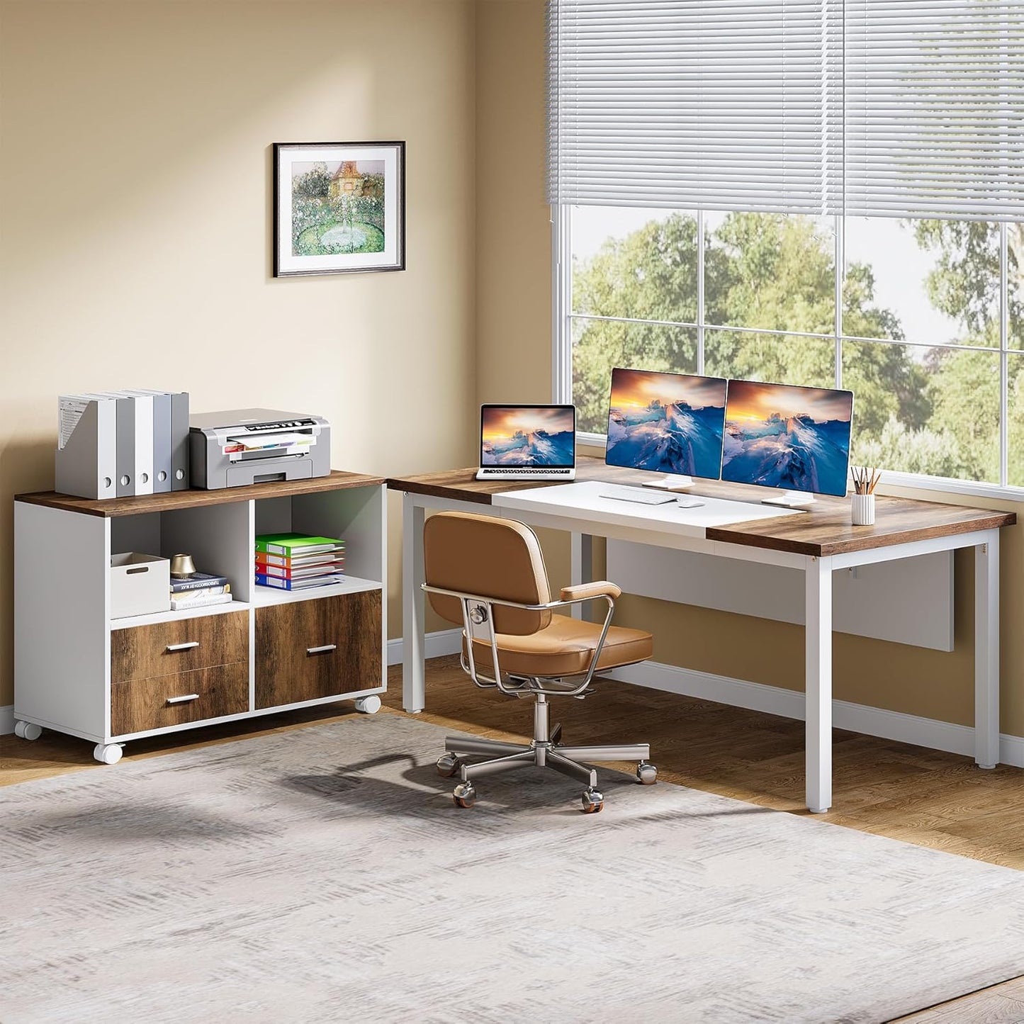 \L Shaped Desk with Drawer Cabinet, 63" Executive Computer Desk and lateral File Cabinet, 2 Piece Home Office Furniture with Drawers for Hanging File, Doors with Locks (Gray, 63 inches)