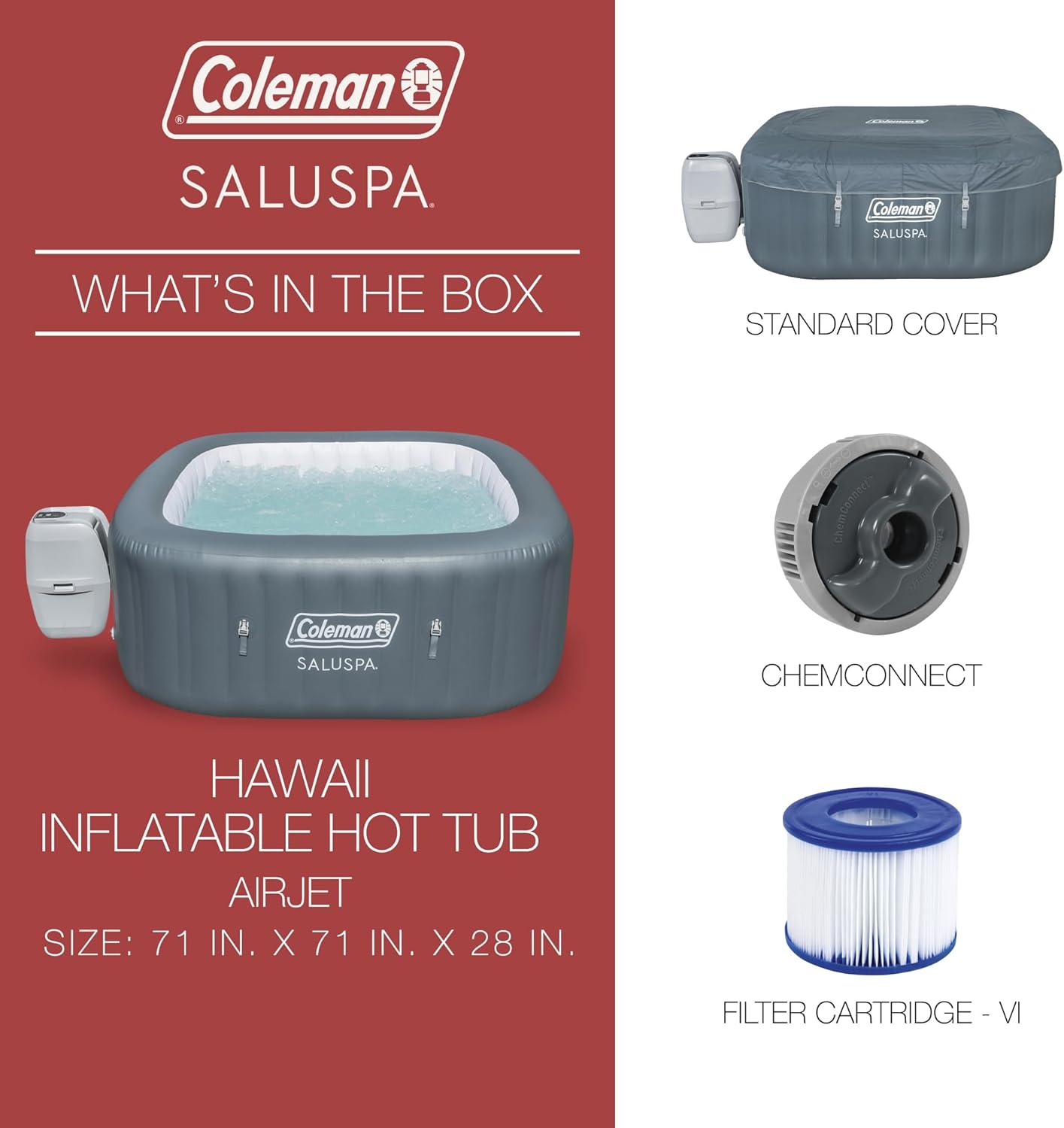 4 to 6 Person Inflatable Hot Tub Square Portable Outdoor Spa with 114 Soothing AirJets and Insulated Cover.