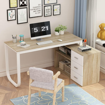 Home Office Computer Desk Corner Desk with 3 Drawers and 2 Shelves, 55 Inch Large L-Shaped Study Writing Table with Storage Cabinet - Walnut and White