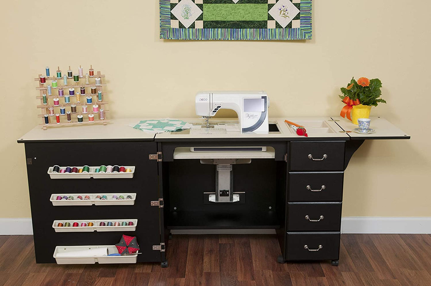 Sewing Cabinet for Sturdy Sewing, Cutting, Quilting, and Crafting with Storage and Airlift, Black Finish