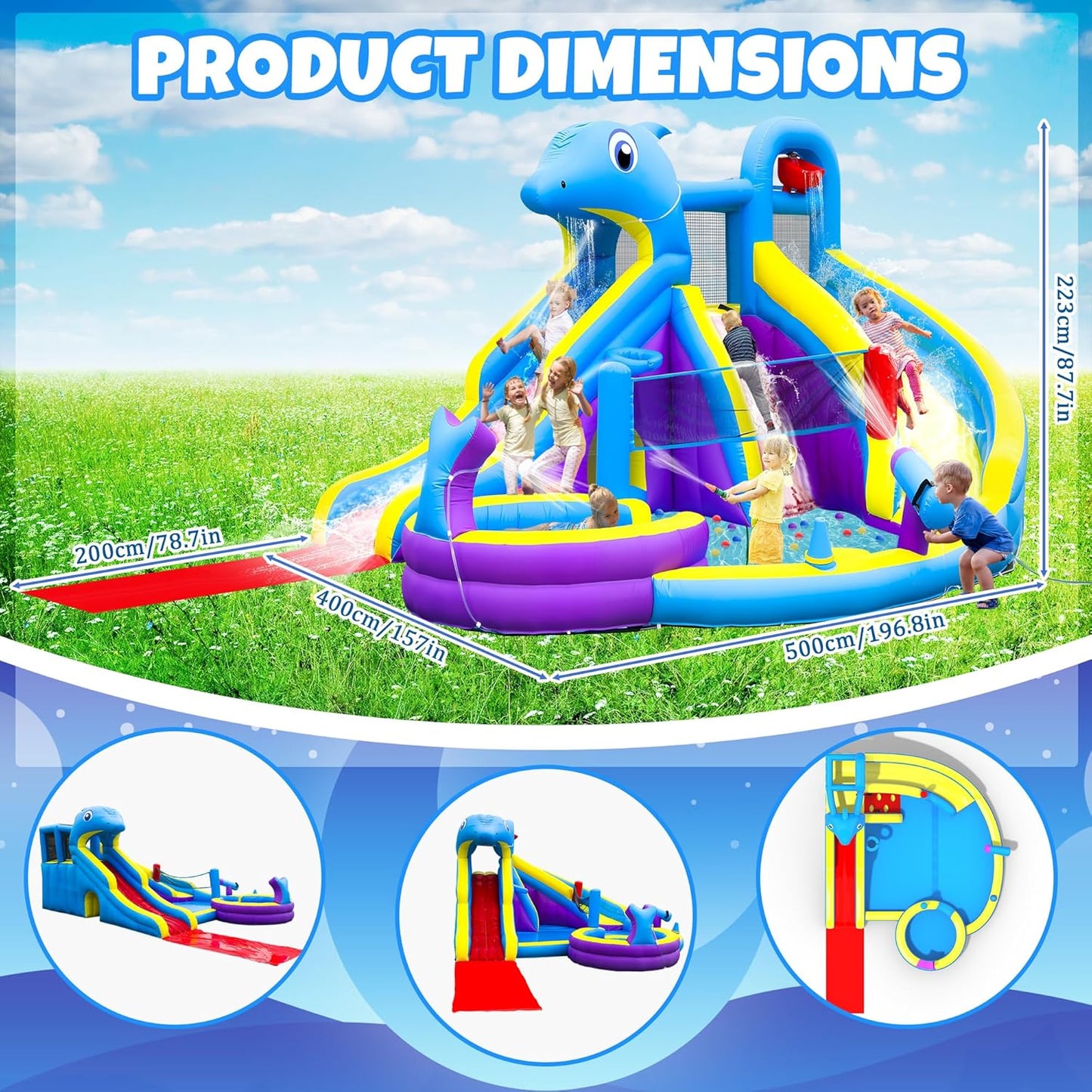 11-in-1 Inflatable Water Slide & Dolphin Bounce House w/2 Long Slides, 19.7 Ft x 13.1 Ft Extra Large Waterslide Climbing Wall w/Small Deeper Pool,Water Cannons,Hoop for Kids Backyard,550W Blower