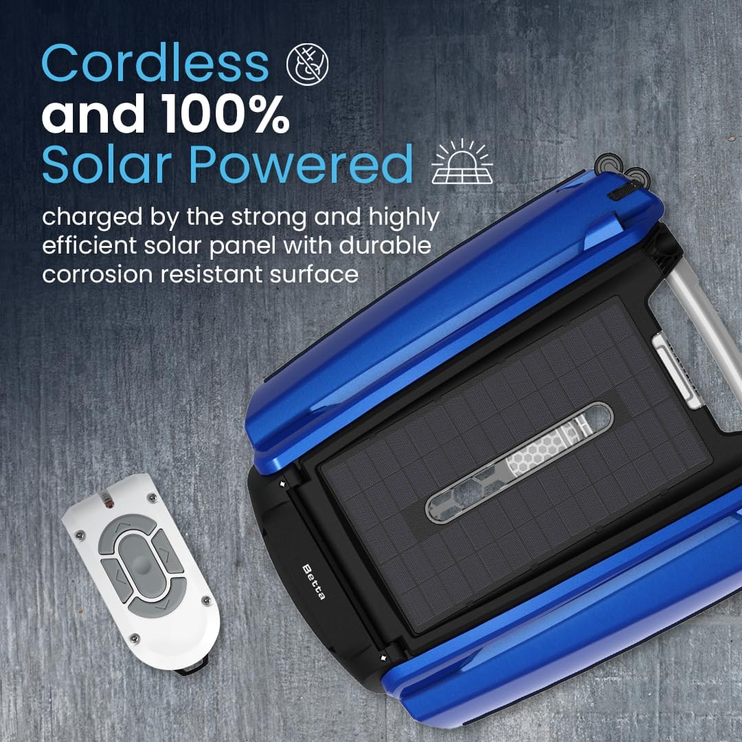 Solar Powered Automatic Robotic Pool Surface Skimmer Cleaner with 30-Hour Continuous Cleaning Battery Power and Re-Engineered Twin Salt Chlorine Tolerant Motors (Blue)