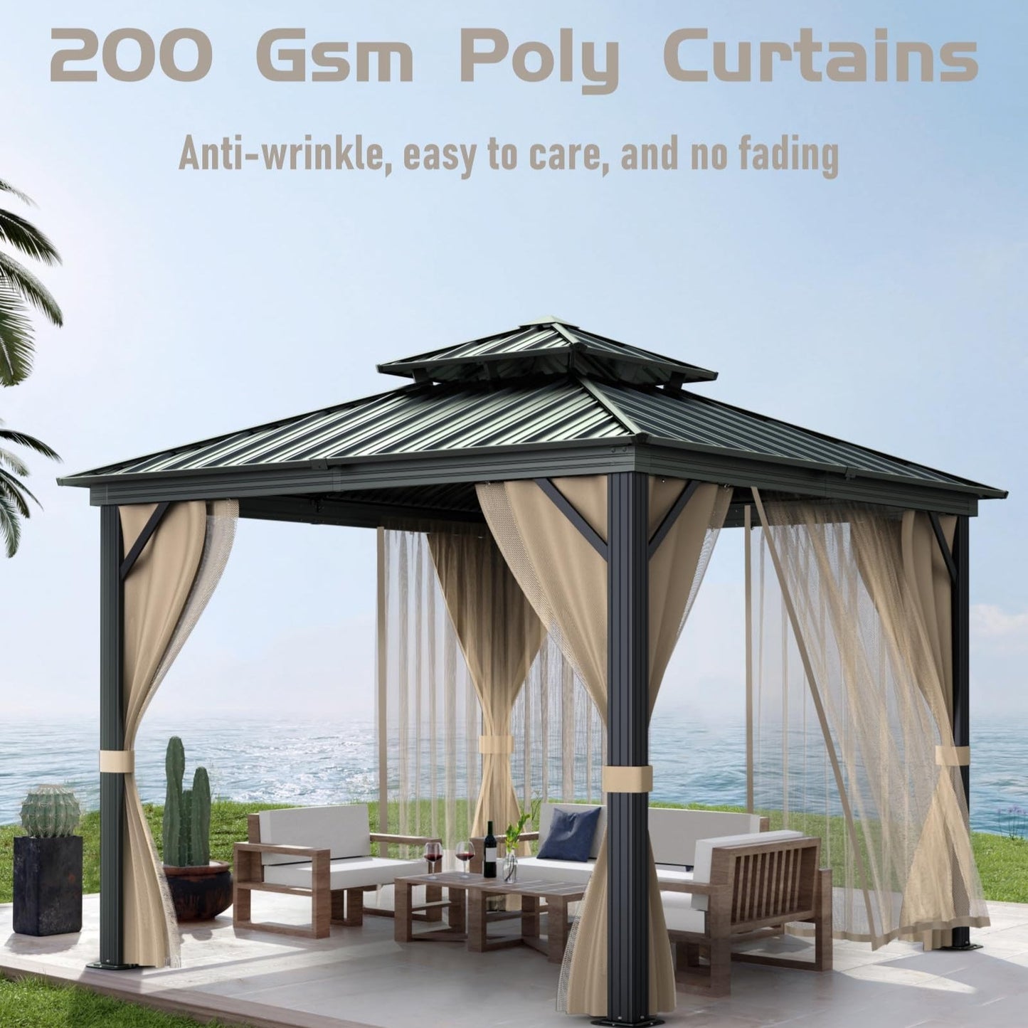 10’x10′ Hardtop Gazebo with double metal roof, aluminum frame, net, and curtain. All-weather, ideal for patio, deck, garden, backyard. Khaki.
