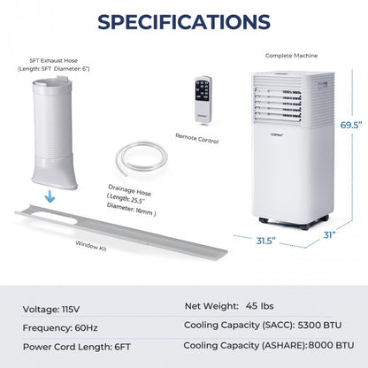 8000 BTU 3-in-1 Air Cooler with Dehumidifier and Fan Mode